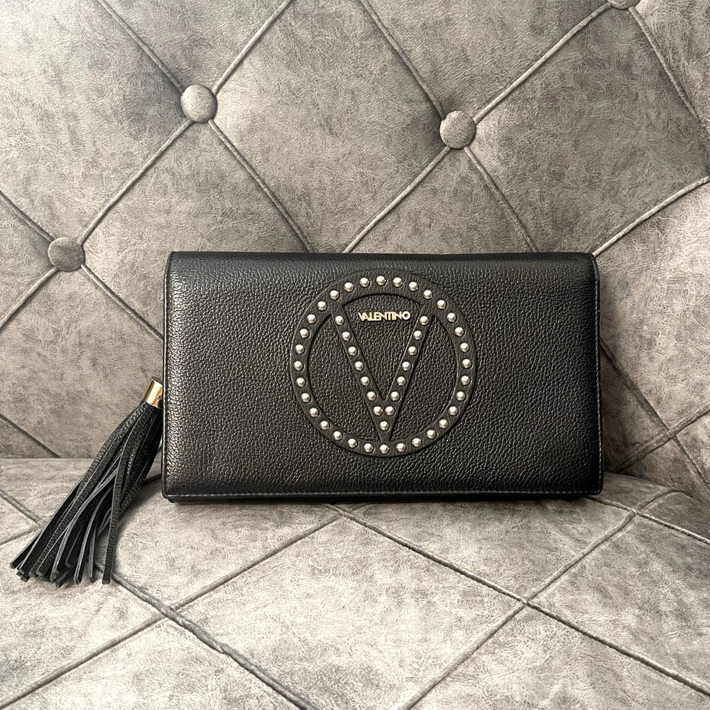 VALENTINIO LENA ROCK STUDDED Black LEATHER CLUTCH SHOULDER BAG